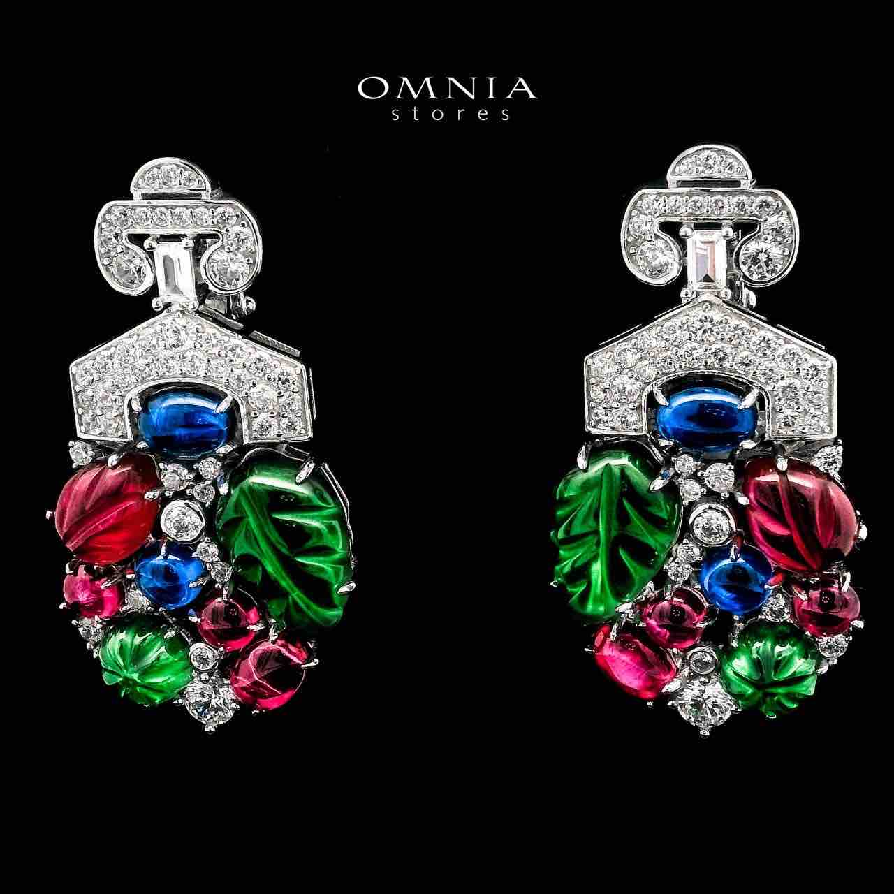 Omnia Bhakita Drop Earrings with Multicolor Leaf Design and Simulated Diamonds in 92.5 Silver - OMNIASTORES UAE