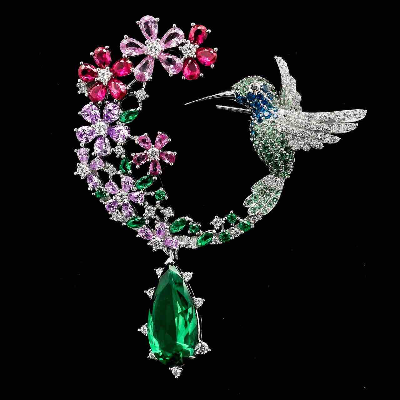 Omnia Garden Bloom Brooch with Multicolor Floral Design and Green Teardrop Stones in 92.5 Silver - OMNIASTORES UAE