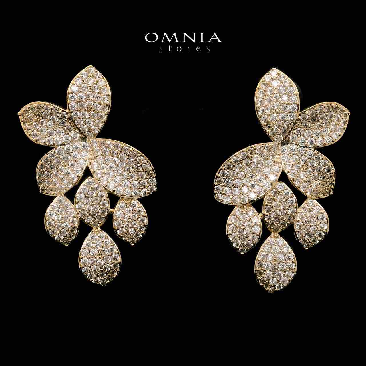 Omnia Golden Floral Drop Earrings with High-Quality Zircon Stones in Rhodium Plated