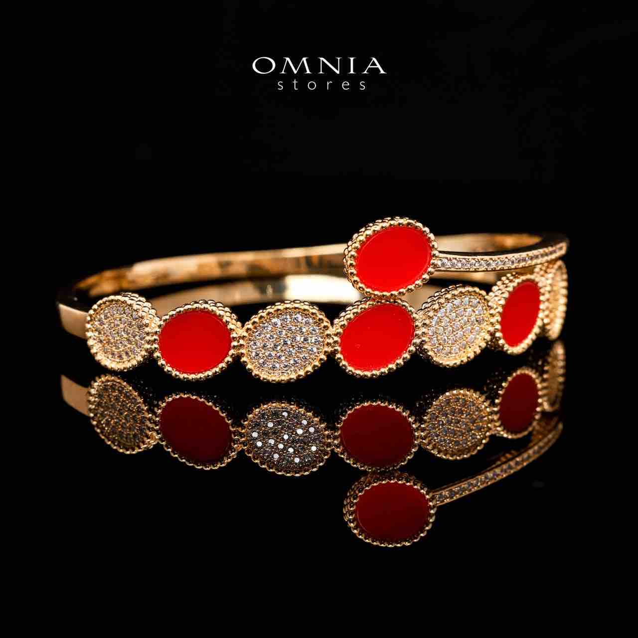 Omnia Golden Cuff With Bracelet and Ring with Red Design In Rhodium Plated