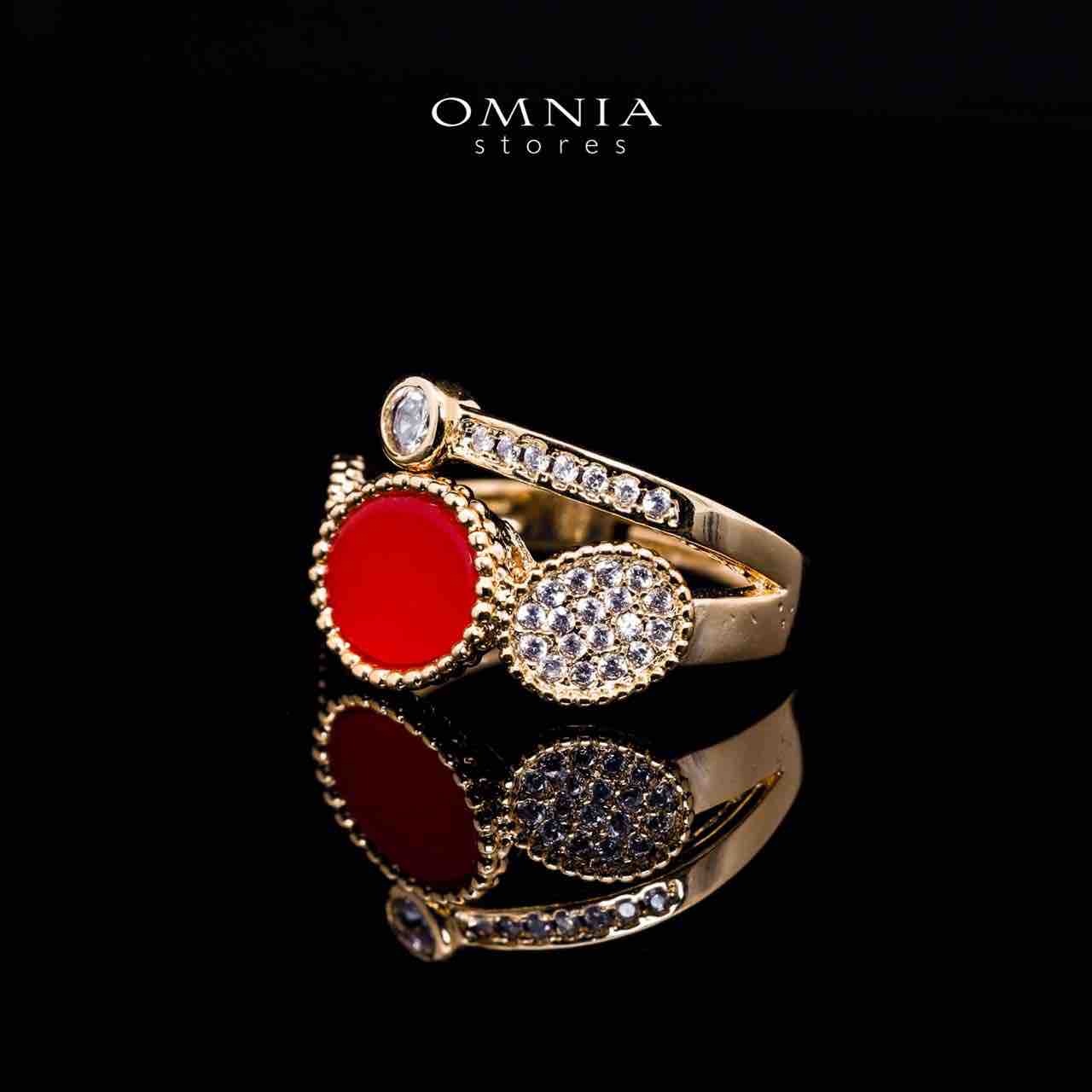 Omnia Golden Cuff With Bracelet and Ring with Red Design In Rhodium Plated