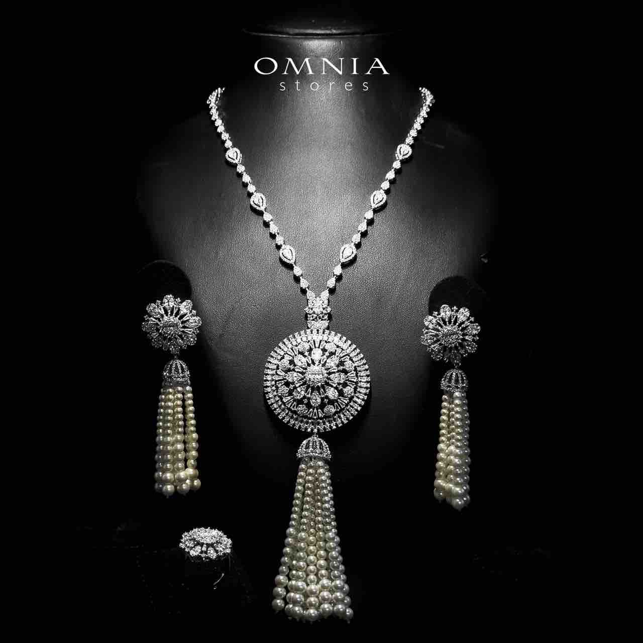 Omnia Darya White Long Chain Pearl Full Set in High Quality Zircon Stone in Rhodium Plated - OMNIASTORES UAE