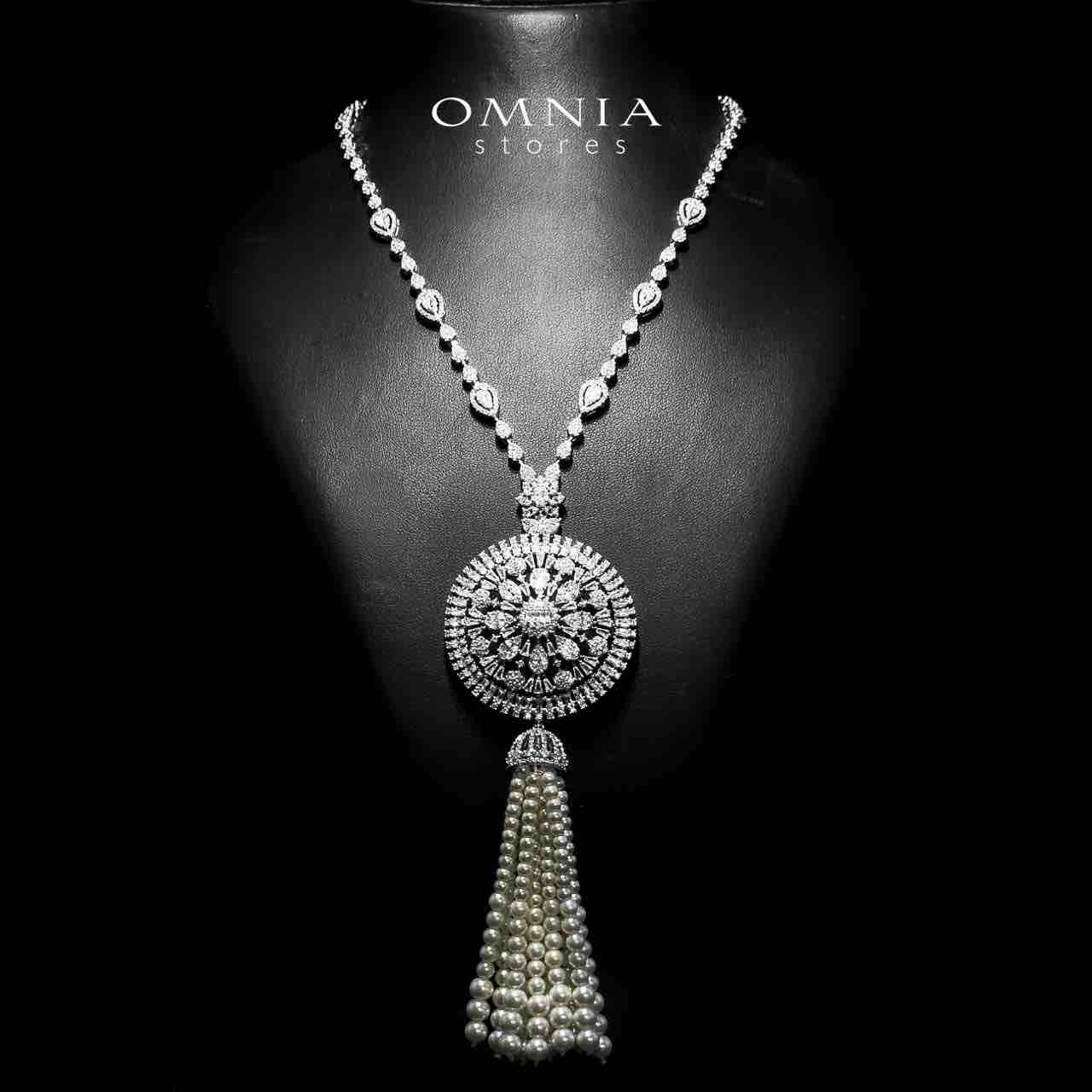 Omnia Darya White Long Chain Pearl Full Set in High Quality Zircon Stone in Rhodium Plated - OMNIASTORES UAE