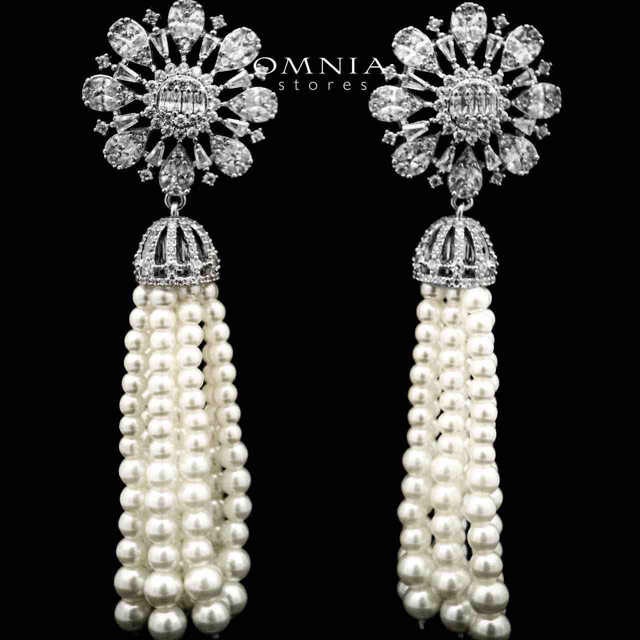 Omnia Darya White Long Chain Pearl Full Set in High Quality Zircon Stone in Rhodium Plated - OMNIASTORES UAE