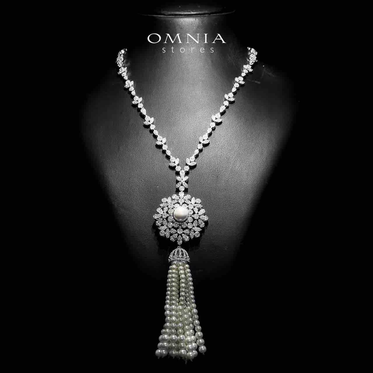 Omnia Delaram White Long Chain Pearl Full Set in High Quality Zircon Stone in Rhodium Plated - OMNIASTORES UAE