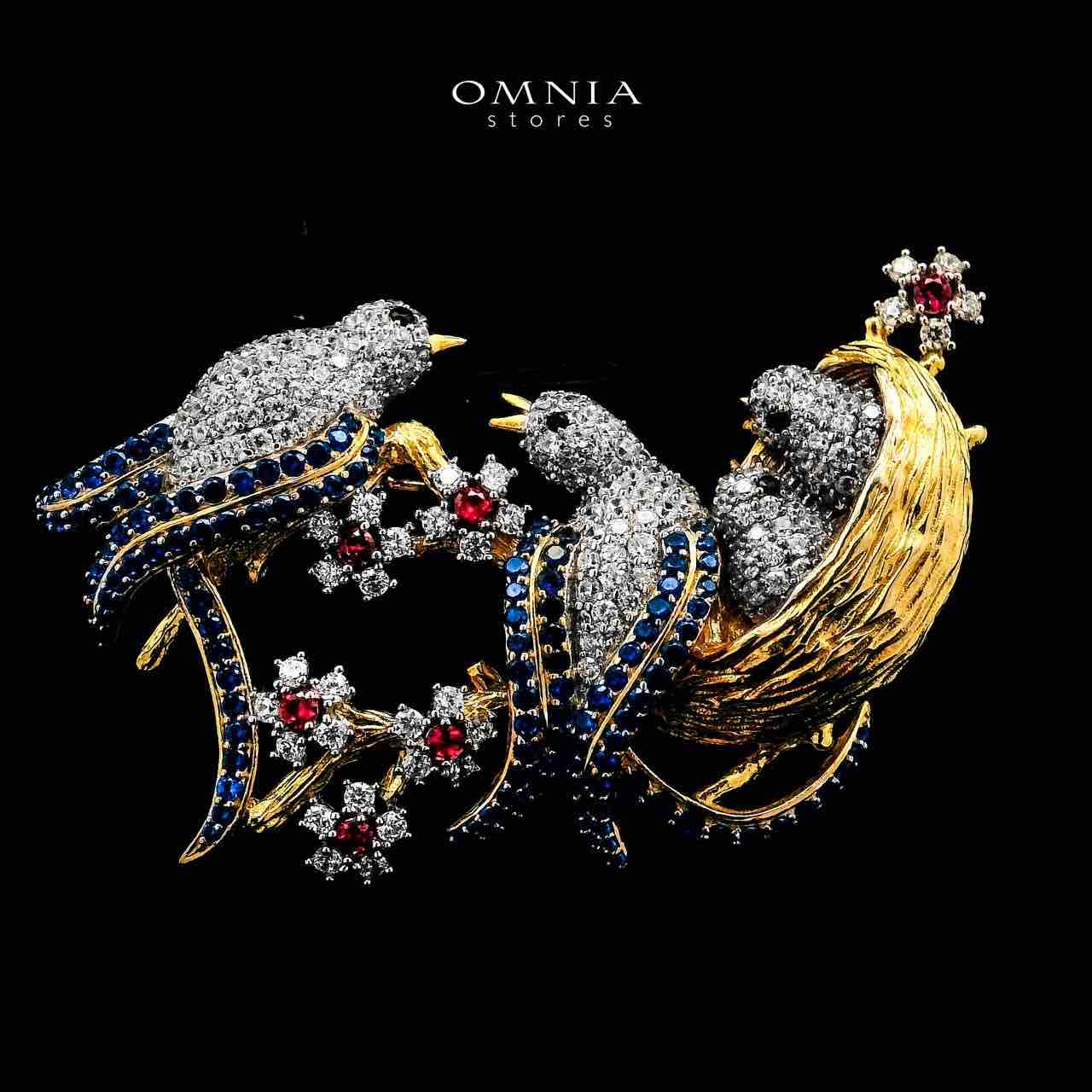 Omnia Maysaa Bird Nest Design Multi Color Golden Brooch in 925 Silver with High-Quality Simulated Diamonds - OMNIASTORES UAE