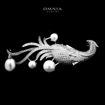 Omnia Luna Bird Design Silver Brooch in 925 Silver with High-Quality Simulated Diamonds