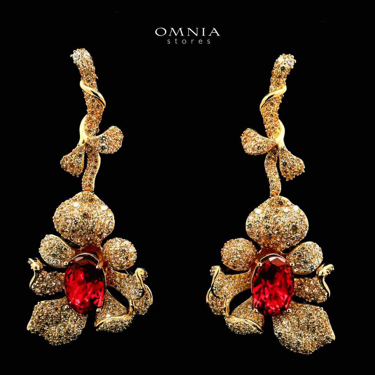 Omnia Margot Flower Design Golden Red Drop Earrings in 925 Silver with High-Quality Simulated Diamonds - OMNIASTORES UAE