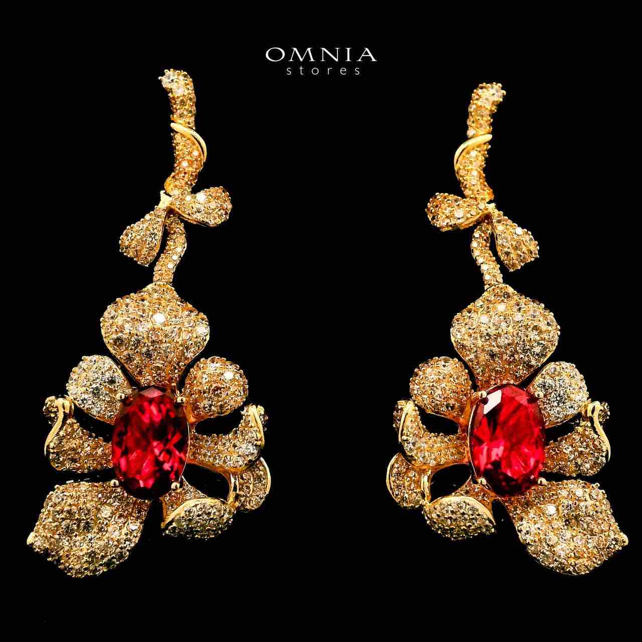 Omnia Margot Flower Design Golden Red Drop Earrings in 925 Silver with High-Quality Simulated Diamonds - OMNIASTORES UAE