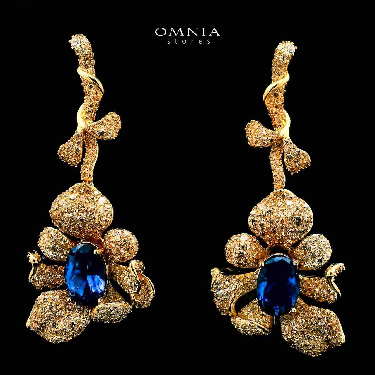 Omnia Margot Flower Design Golden Blue Drop Earrings in 925 Silver with High-Quality Simulated Diamonds - OMNIASTORES UAE