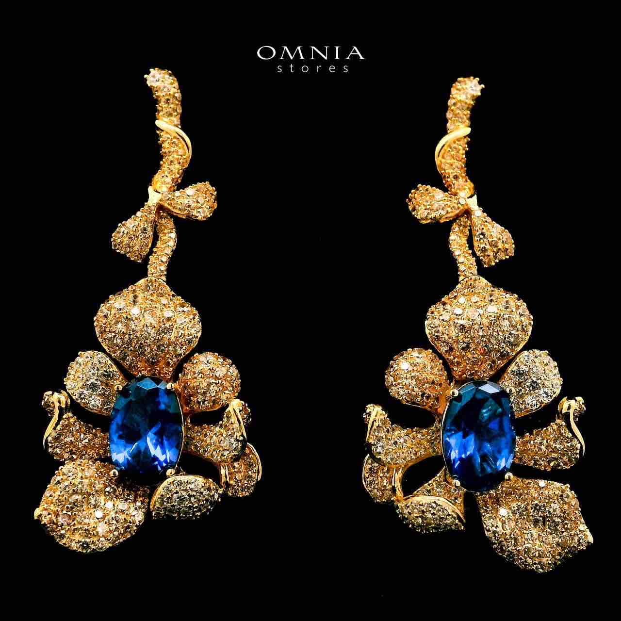 Omnia Margot Flower Design Golden Blue Drop Earrings in 925 Silver with High-Quality Simulated Diamonds - OMNIASTORES UAE