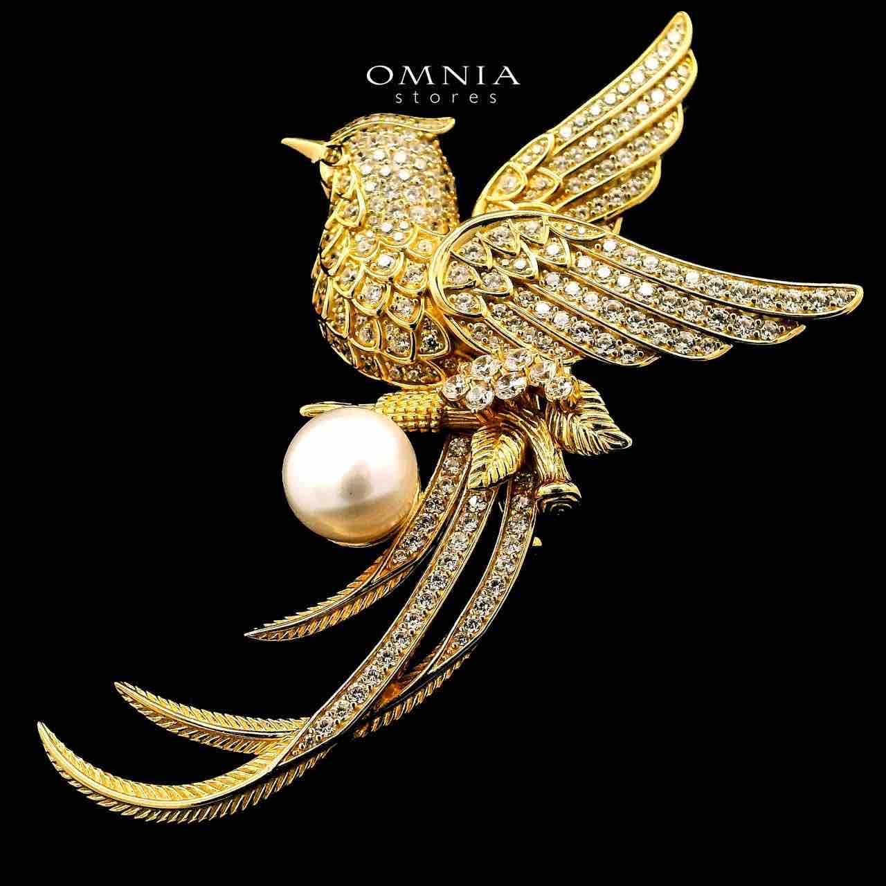 Omnia Batoul Fresh Real Water Pearl Golden Brooch in 925 Silver In High Quality Simulated Diamonds - OMNIASTORES UAE