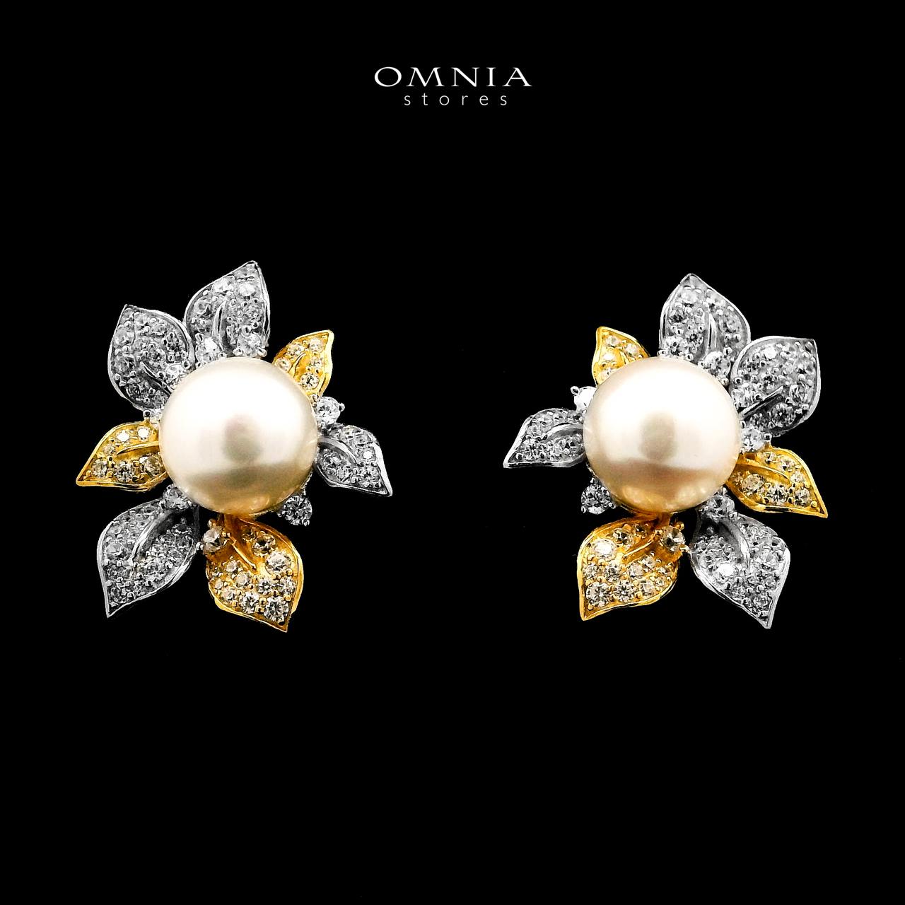 Omnia Estelle Fresh Real Water Pearl Golden And Silver Earrings in 925 Silver In High Quality Simulated Diamonds - OMNIASTORES UAE
