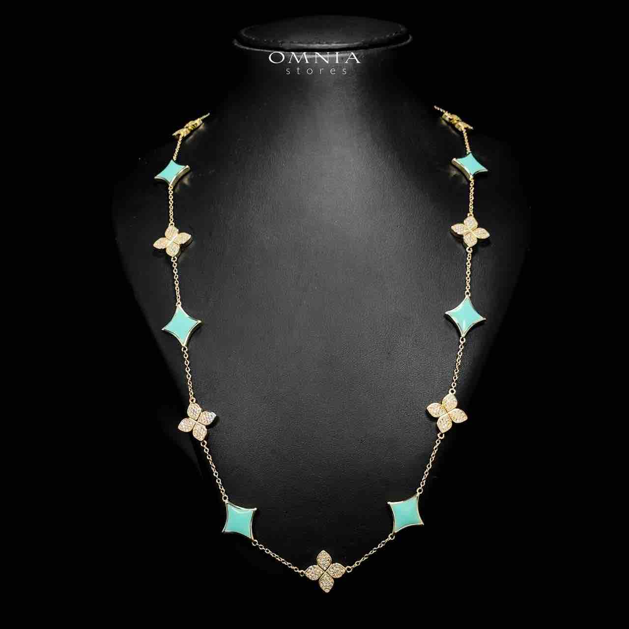 Omnia Golden Clove Turqoise Long Chain Full Set with High-Quality Simulated Diamonds 18k Gold Plated 100cm - OMNIASTORES UAE