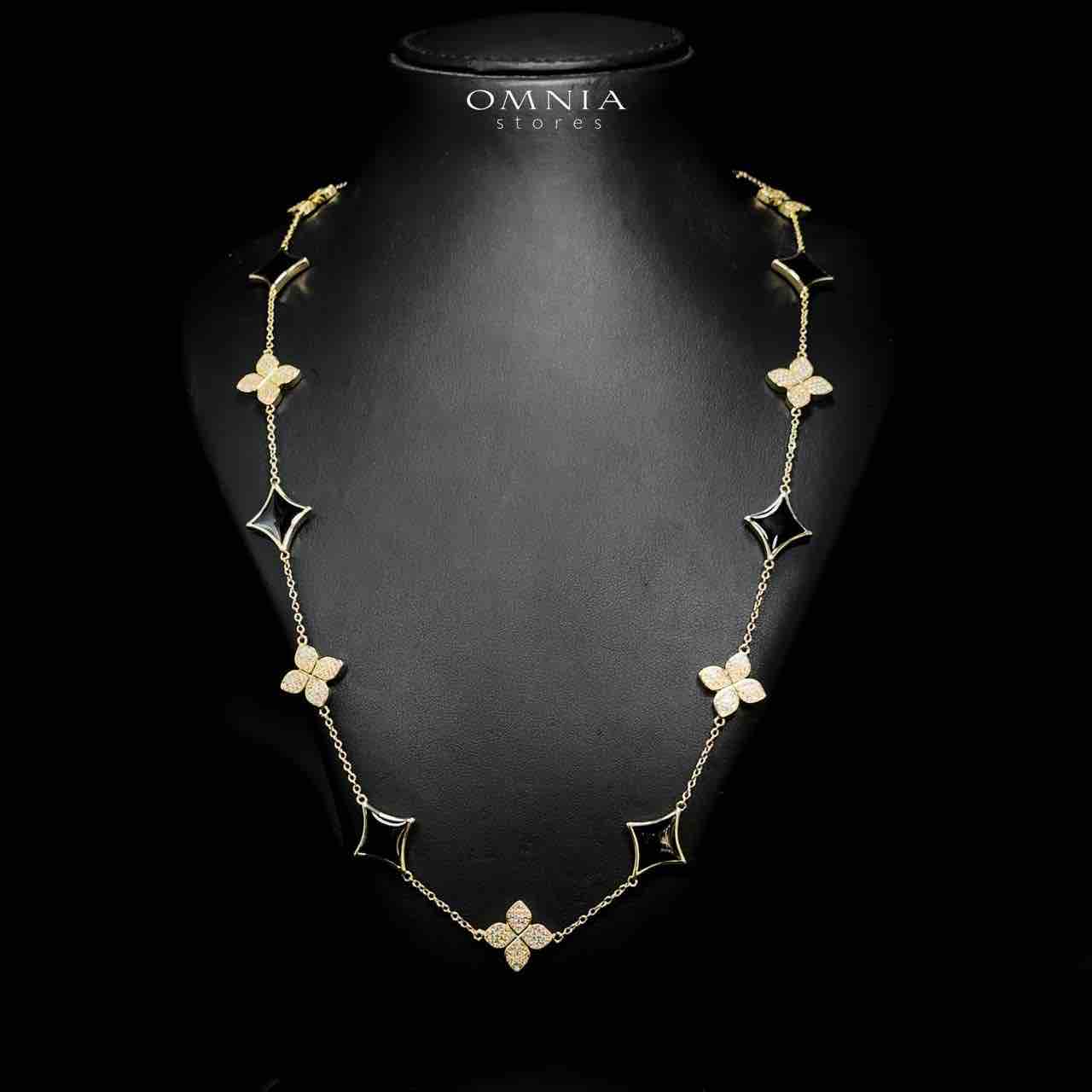 Omnia Golden Clove Black Long Chain Full Set with High-Quality Simulated Diamonds 18k Gold Plated 100cm - OMNIASTORES UAE
