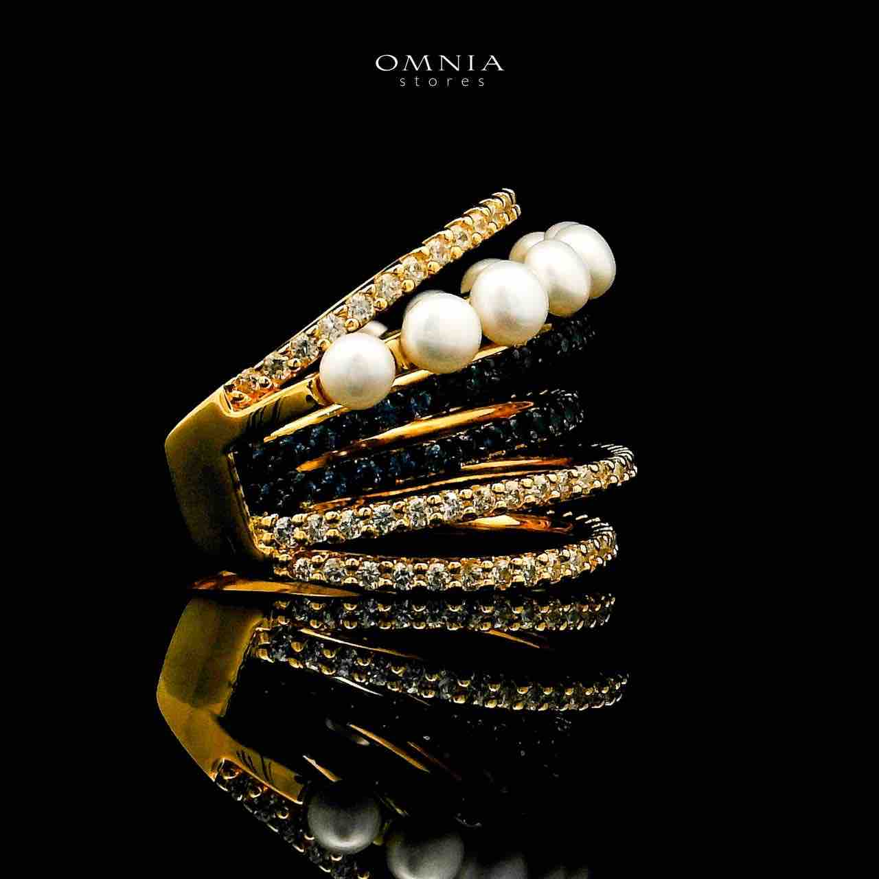 Omnia Inaya Golden Fresh Real Water Pearl Ring In 925 Silver High Quality Simulated Diamonds - OMNIASTORES UAE