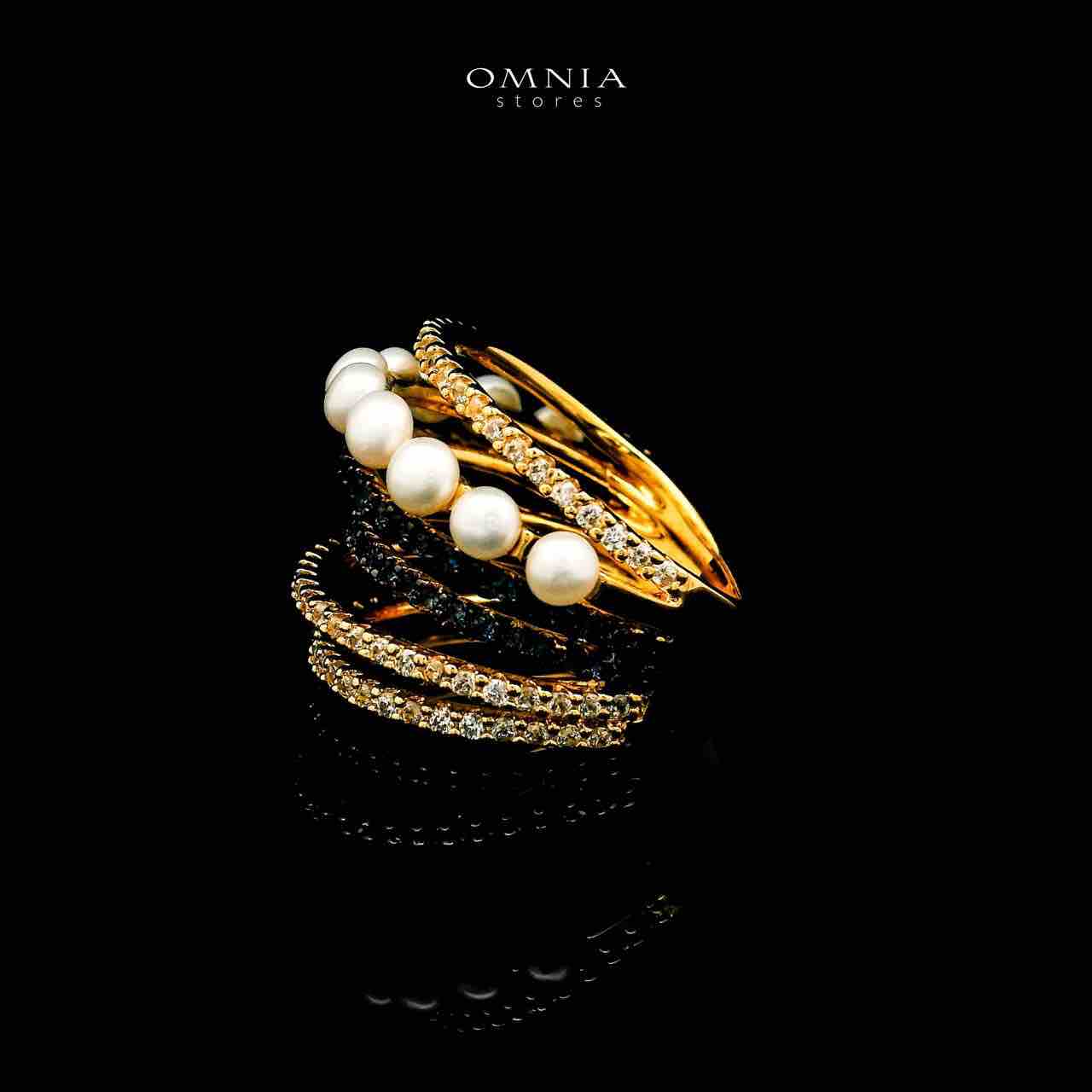 Omnia Inaya Golden Fresh Real Water Pearl Ring In 925 Silver High Quality Simulated Diamonds - OMNIASTORES UAE
