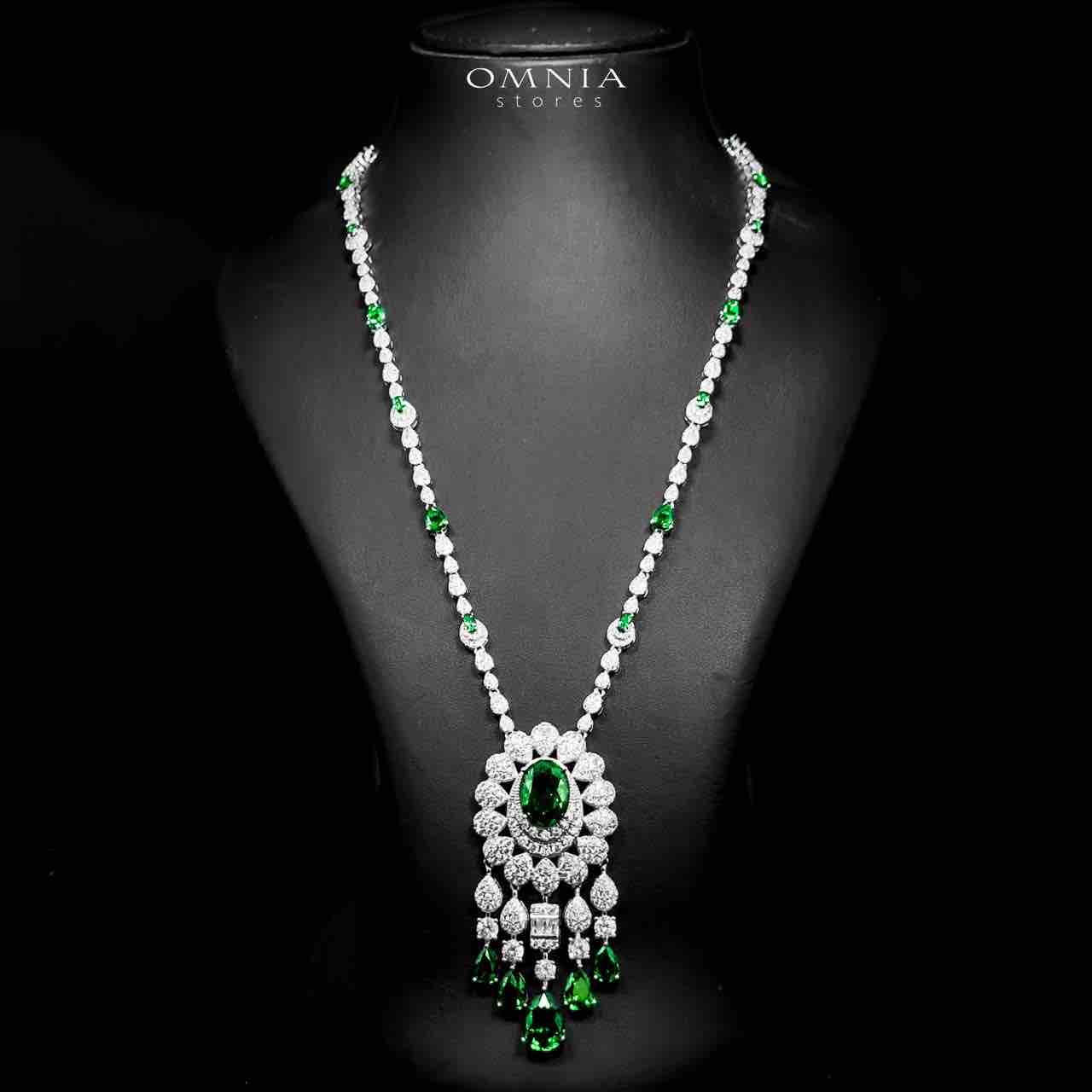 Omnia Aleya Green Bridal Full Long chain Set in High Quality Simulated Diamonds Rhodium Plated - OMNIASTORES UAE
