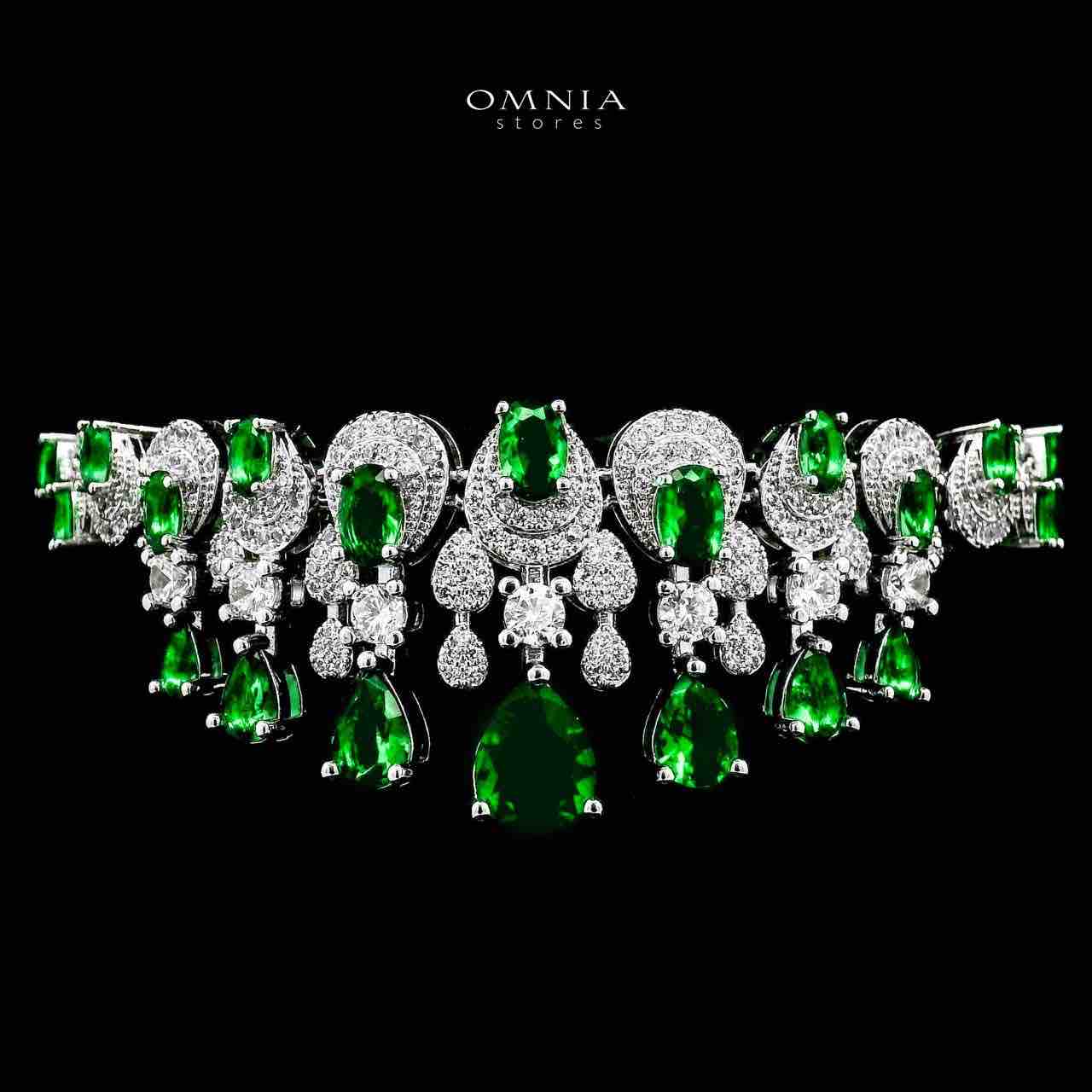 Omnia Aleya Green Bridal Full Long chain Set in High Quality Simulated Diamonds Rhodium Plated - OMNIASTORES UAE