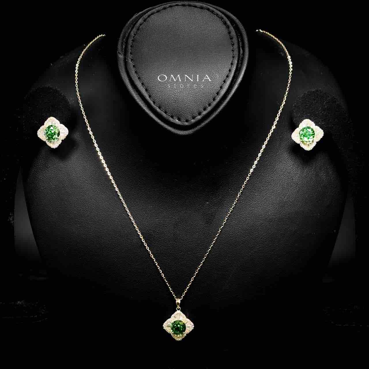 Omnia Zafira Golden Necklace and Earrings Set in 925 Silver with High-Quality Green Ice Cut Stones - OMNIASTORES UAE