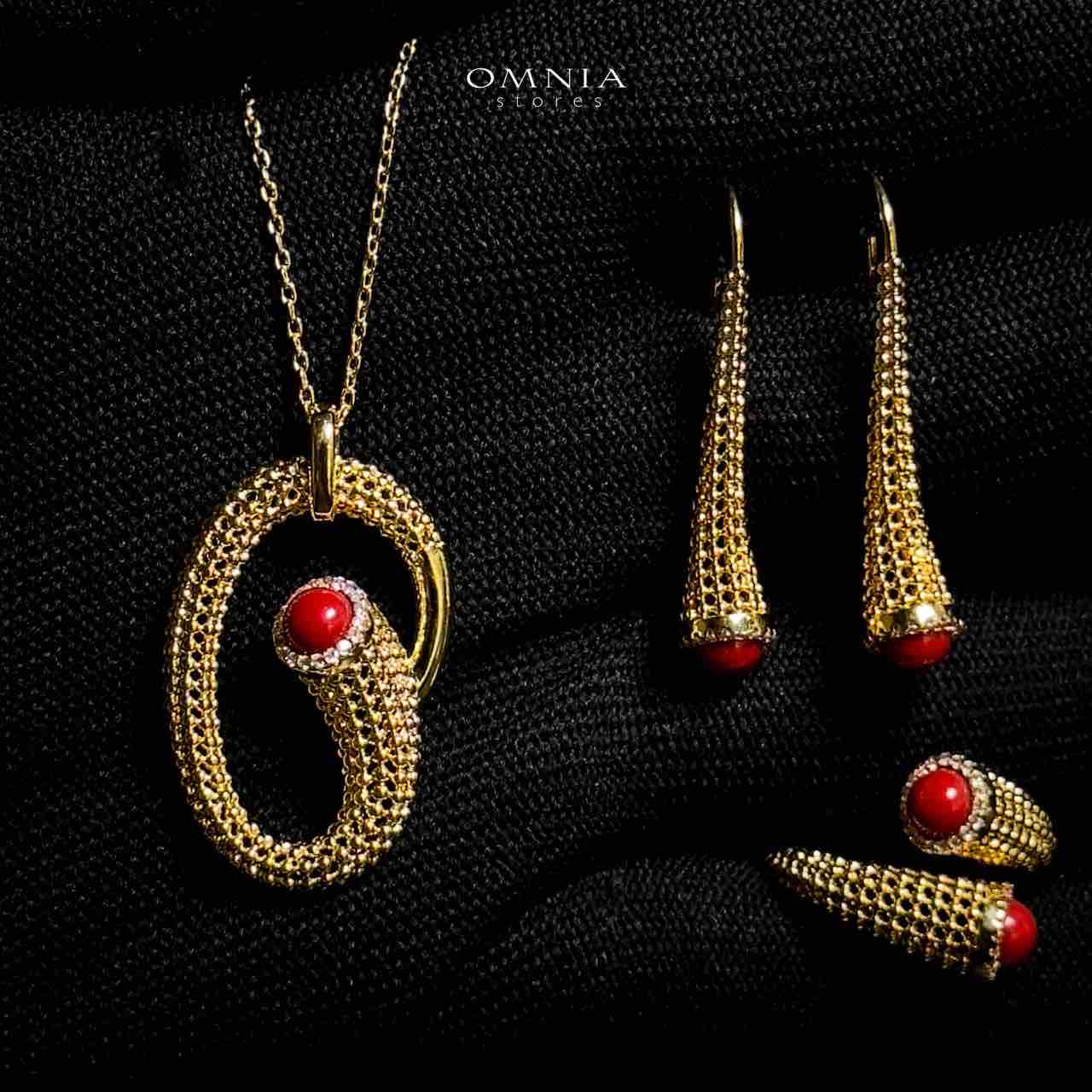Omnia Lamisah Golden Red Necklace, Earring and Rings With Rhodium Plated In High Quality Zircon Stone - OMNIASTORES UAE