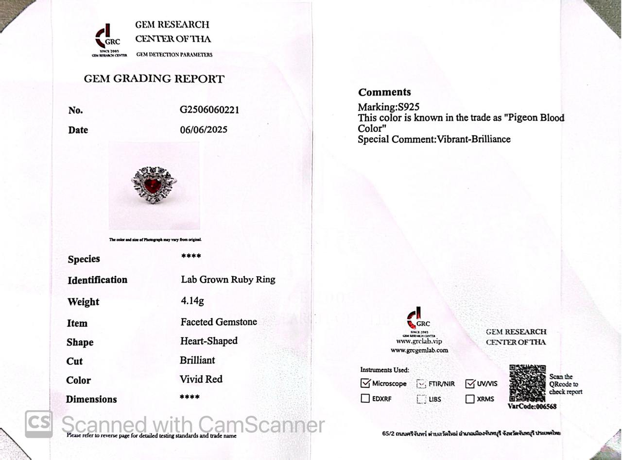 Omnia Lulwaan Silver Heart Ring In 925 Silver High Quality GRC Certifited Red Lab Grown Ruby Stones