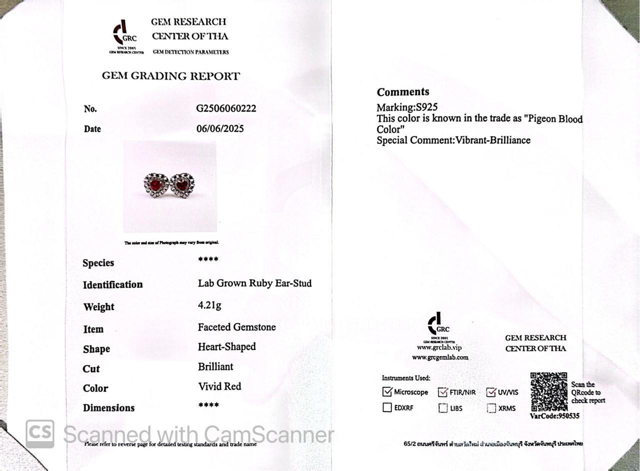 Omnia Lulwaan Silver Heart Earrings In 925 Silver High Quality GRC Certifited Red Lab Grown Ruby Stones