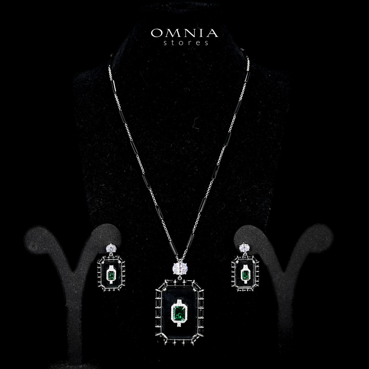Omnia Parvin Black Long Chain Necklace & Drop Pearl Earrings in 925 Silver with High-Quality Simulated Diamonds - OMNIASTORES UAE