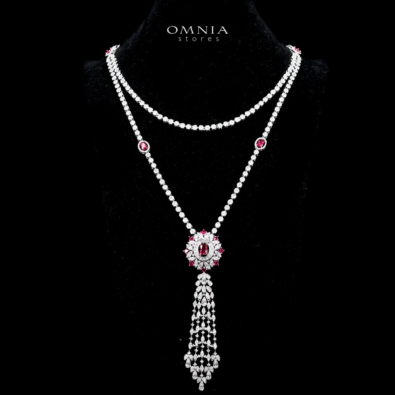Omnia Ola Red Bridal Long chain Set Accessories in High Quality Zircon Stone Rhodium Plated - OMNIASTORES UAE
