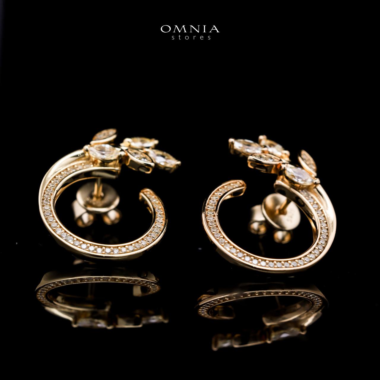 Omnia Jenan Golden Leaf Design Earrings in 925 Silver with High-Quality White Simulated Diamonds - OMNIASTORES UAE