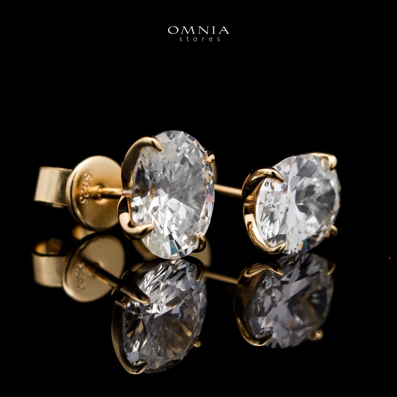 Omnia Chafika Golden Oval Stud Earrings in 925 Silver with High-Quality White Simulated Diamonds - OMNIASTORES UAE