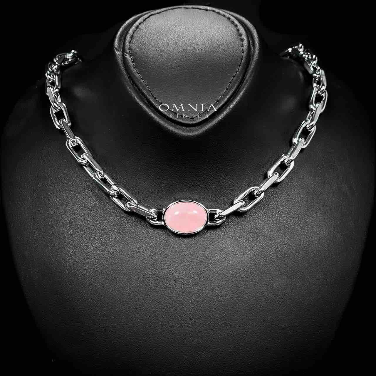 Omnia Caliya Silver Color Necklace,Bracelet and Earrings Set in High-Quality 8mm Stainless Steel with Pink Stone - OMNIASTORES UAE