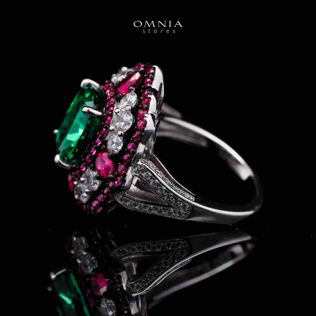 Omnia Maliya Green and Pink Ring in 92.5 Silver with High Quality Simulated Diamonds