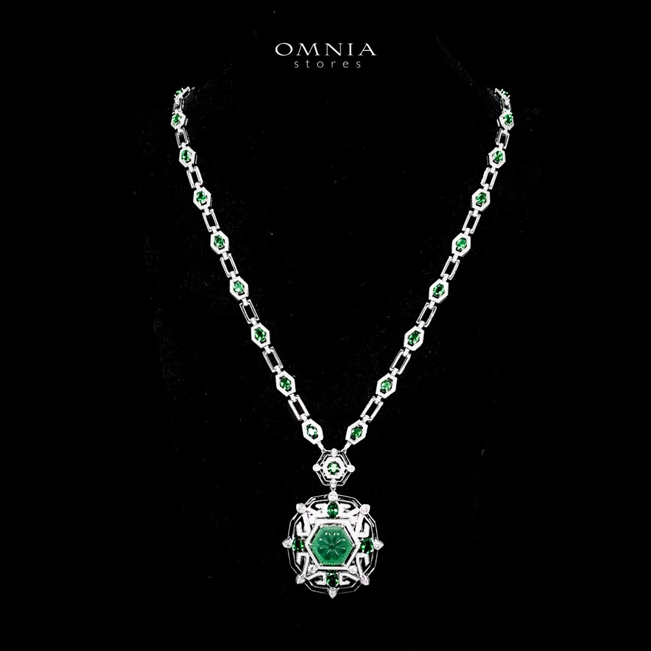 Omnia Siwar Silver Long Chain Necklace and Earrings Set 925 Silver in High Quality Green Simulated Diamonds Stones - OMNIASTORES UAE