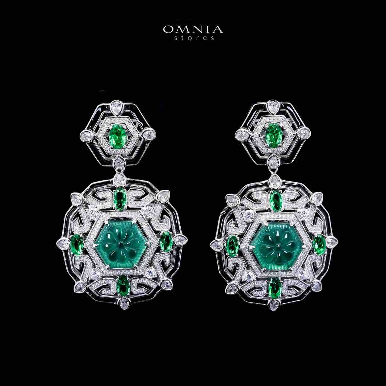 Omnia Siwar Silver Long Chain Necklace and Earrings Set 925 Silver in High Quality Green Simulated Diamonds Stones - OMNIASTORES UAE