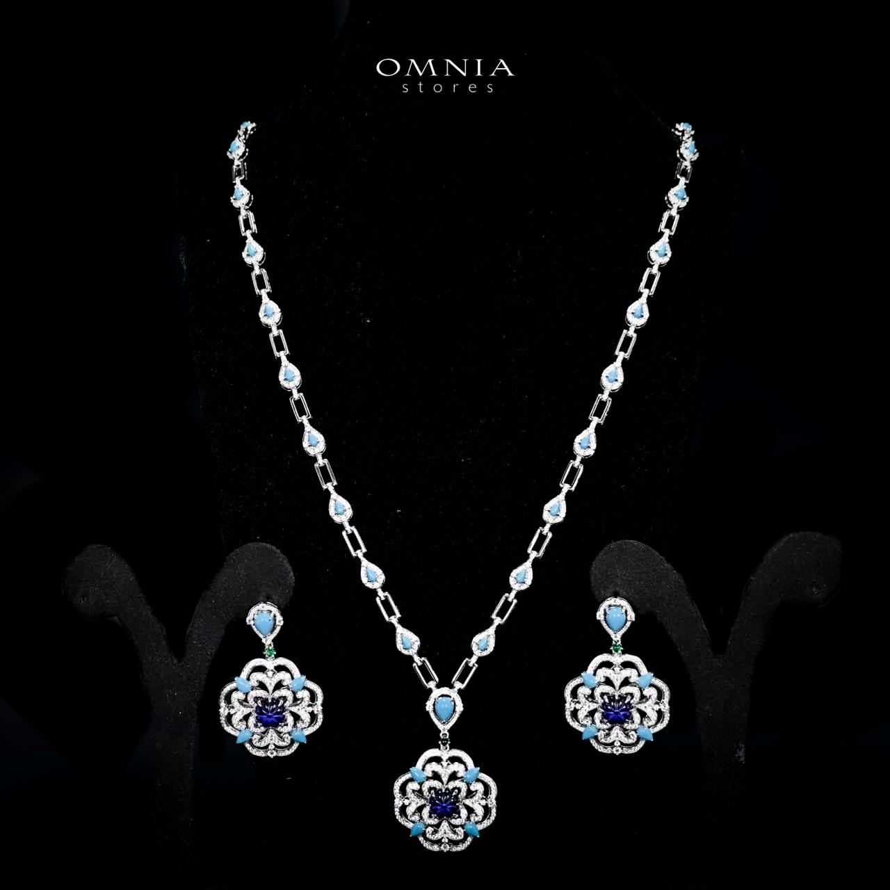 Omnia Siwar Silver Long Chain Necklace and Earrings Set 925 Silver in High Quality Blue Stones - OMNIASTORES UAE