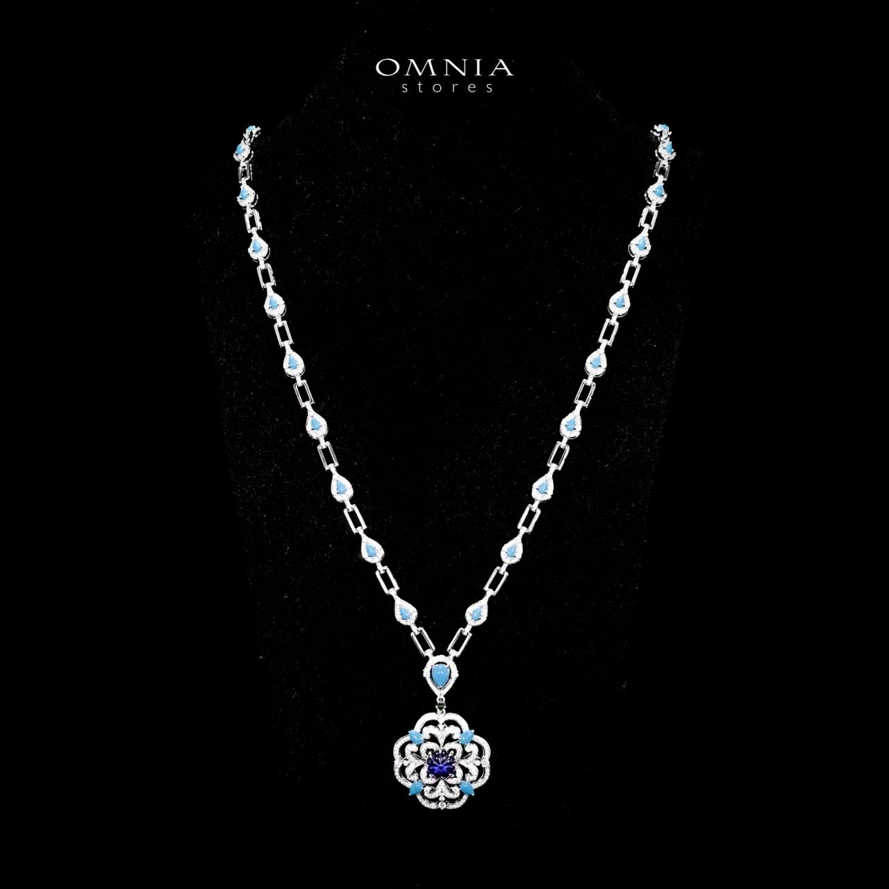 Omnia Siwar Silver Long Chain Necklace and Earrings Set 925 Silver in High Quality Blue Stones - OMNIASTORES UAE