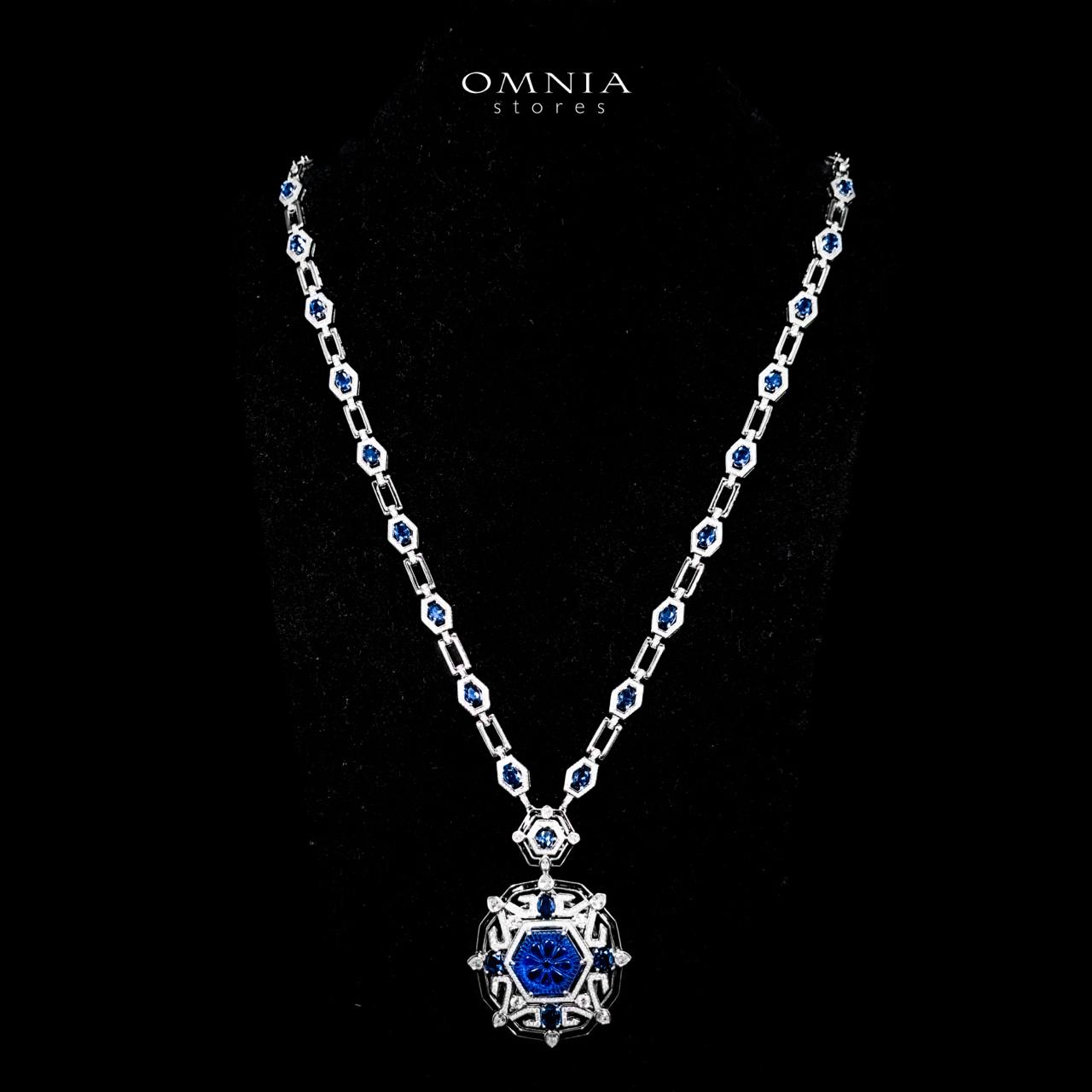 Omnia Siwar Silver Long Chain Necklace and Earrings Set 925 Silver in High Quality Blue Simulated Diamond Stones - OMNIASTORES UAE