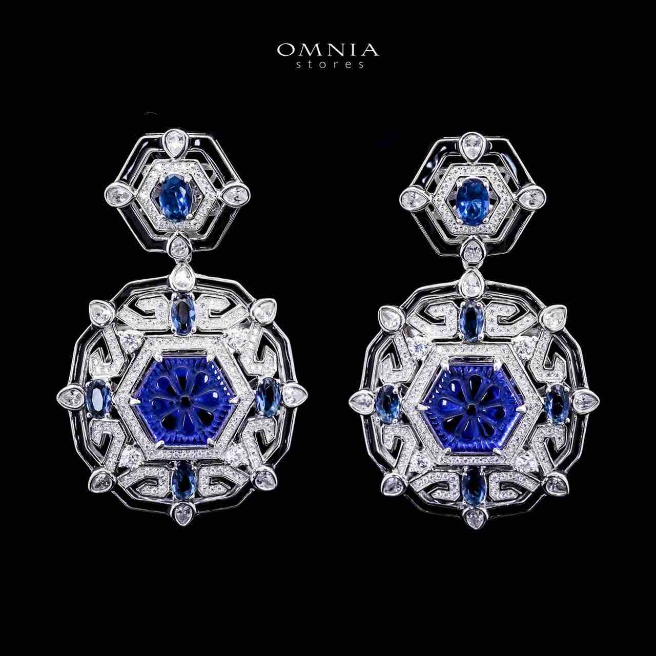 Omnia Siwar Silver Long Chain Necklace and Earrings Set 925 Silver in High Quality Blue Simulated Diamond Stones - OMNIASTORES UAE