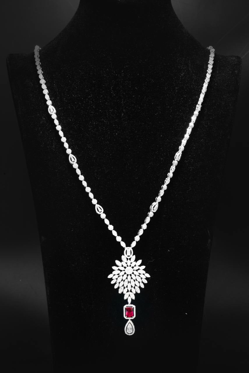 Omnia Duha Red Long Chain Full Set Accessories in High Quality Zircon Stone Rhodium Plated - OMNIASTORES UAE