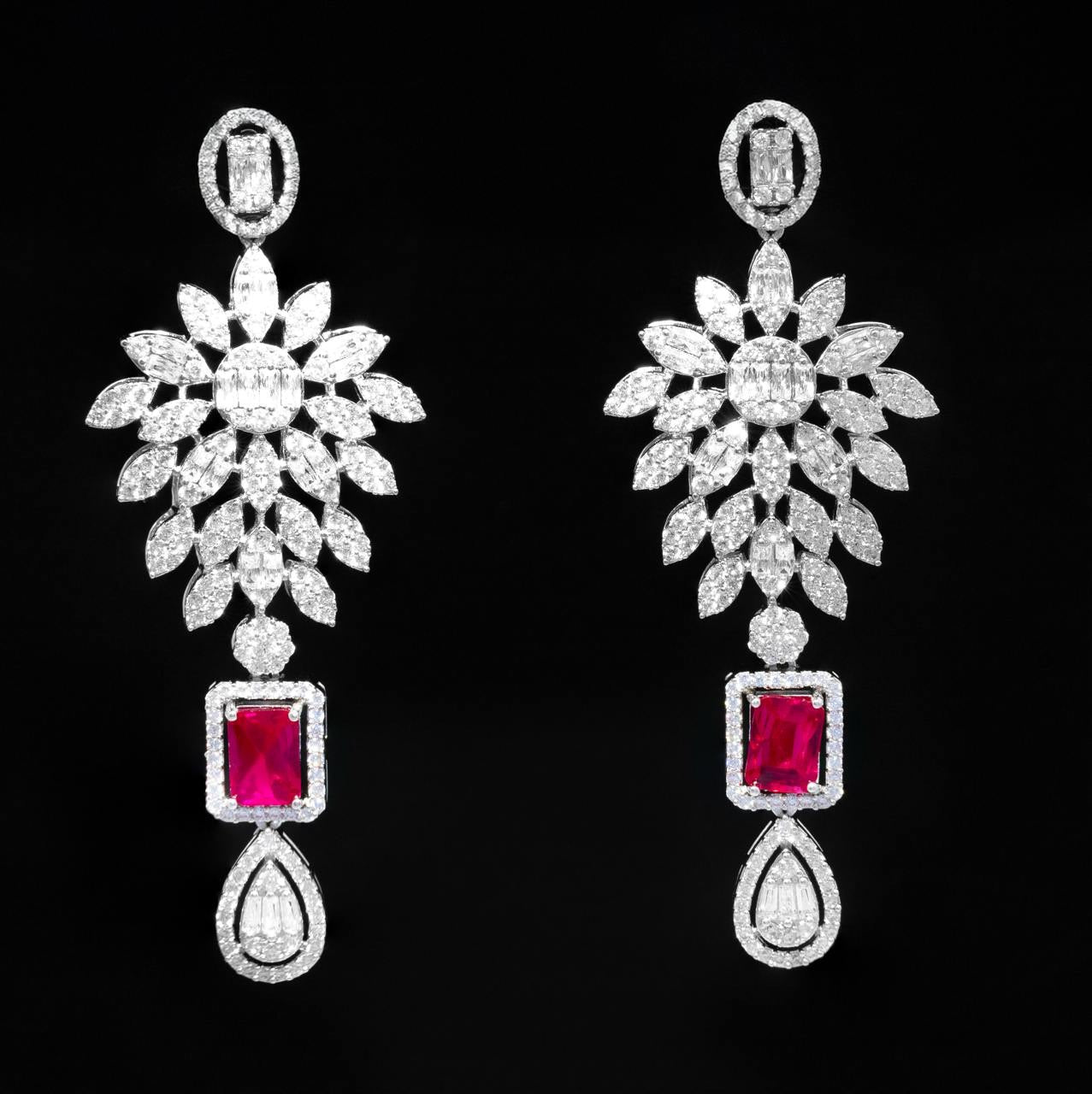 Omnia Duha Red Long Chain Full Set Accessories in High Quality Zircon Stone Rhodium Plated - OMNIASTORES UAE