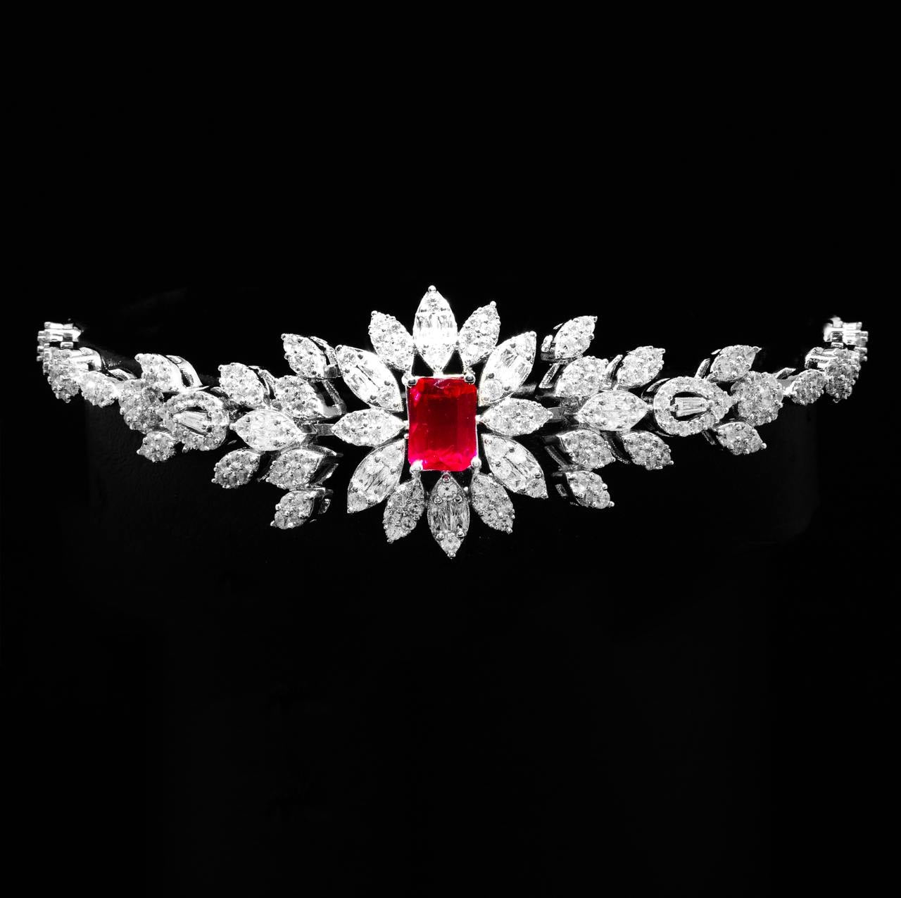 Omnia Duha Red Long Chain Full Set Accessories in High Quality Zircon Stone Rhodium Plated - OMNIASTORES UAE