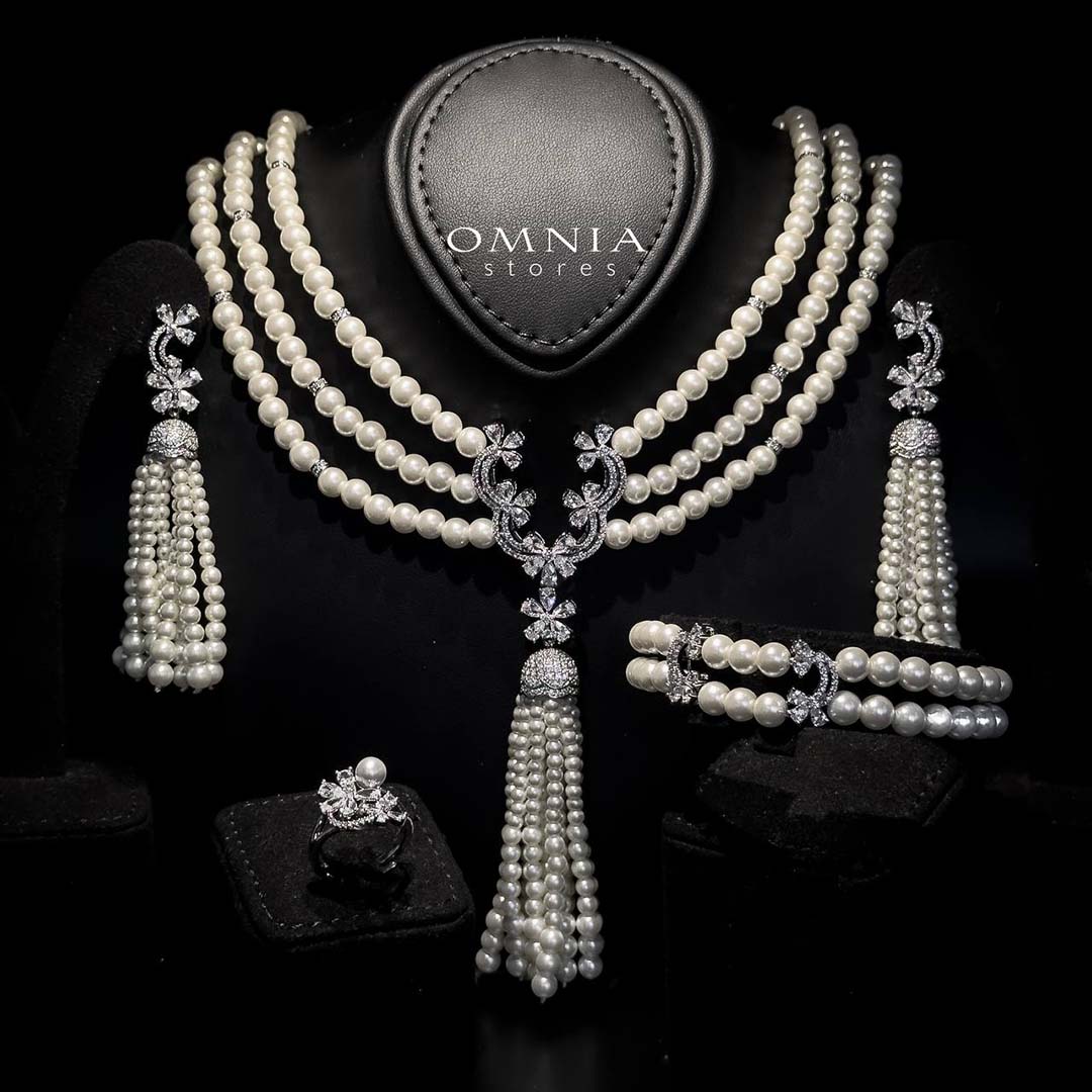Omnia Sahar Multi-Layer Pearl Bridal Full Set with High Quality Simulated Diamond