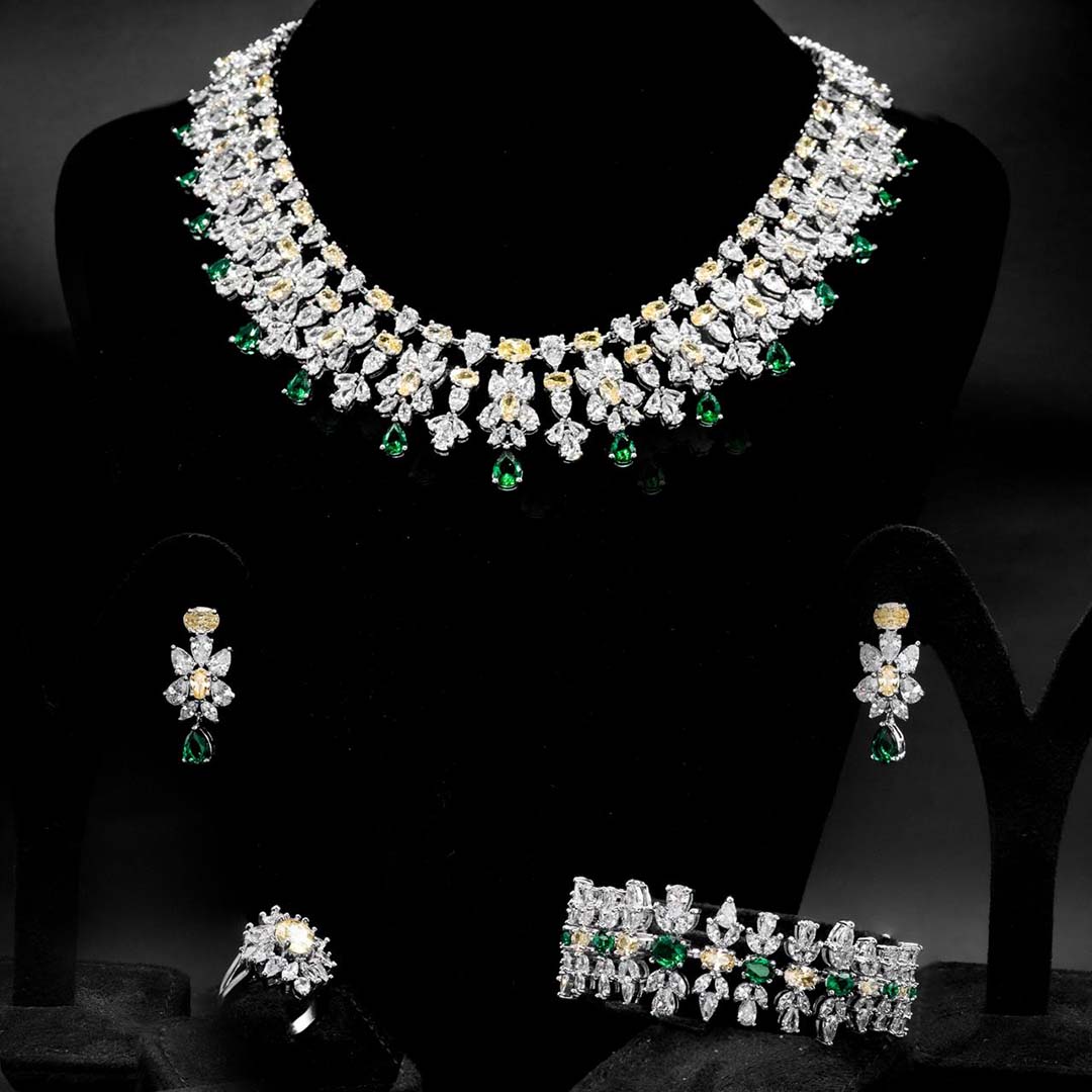 Omnia Dema Emerald Green and Yellow Bridal Full Set in High Quality Zircon Stone Rhodium Plated - OMNIASTORES UAE
