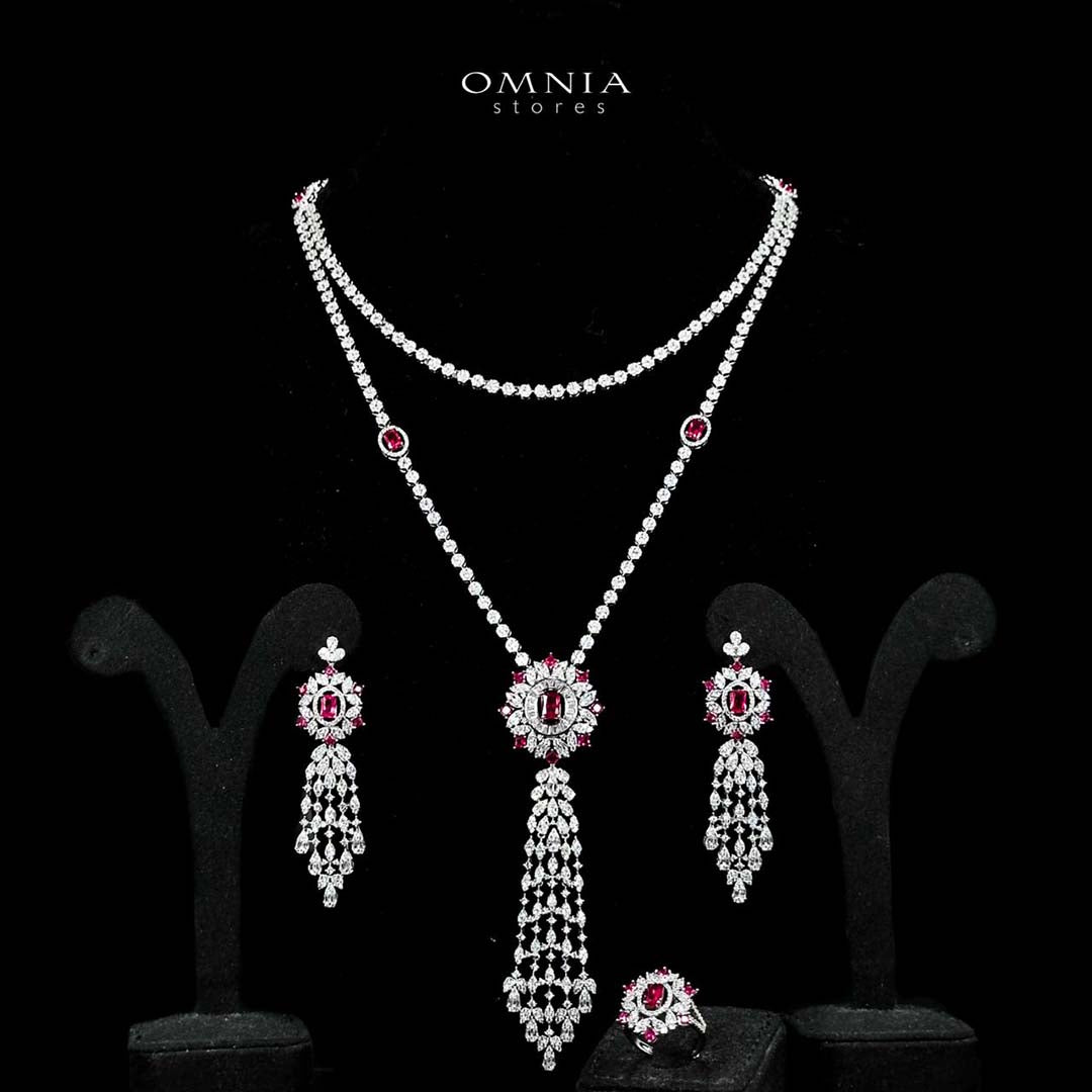 Omnia Ola Red Bridal Long chain Set Accessories in High Quality Zircon Stone Rhodium Plated