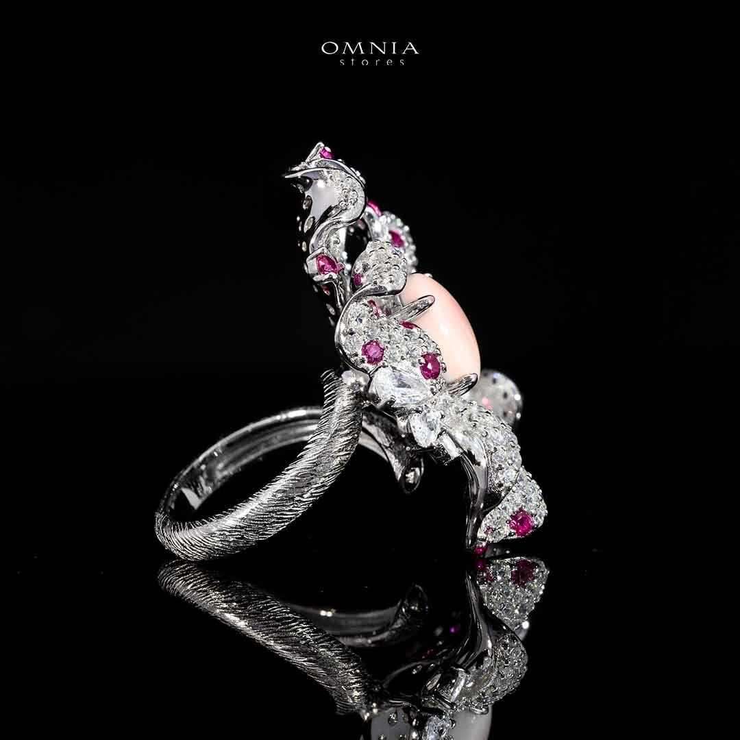 Omina Najiba Pink Coral Flower Ring in 925 Silver with High Quality Simulated Diamonds