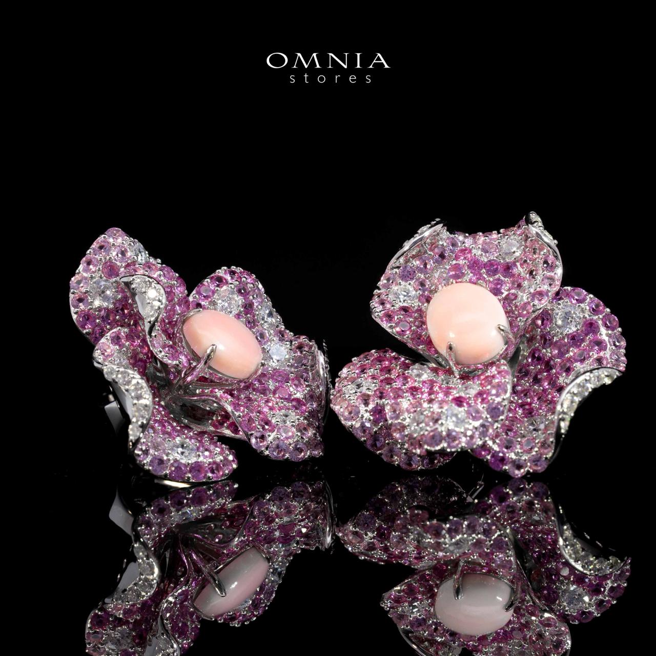 Omina Maiza Pink Coral Flower Earrings in 925 Silver with High Quality Pueple Simulated Diamond Stones