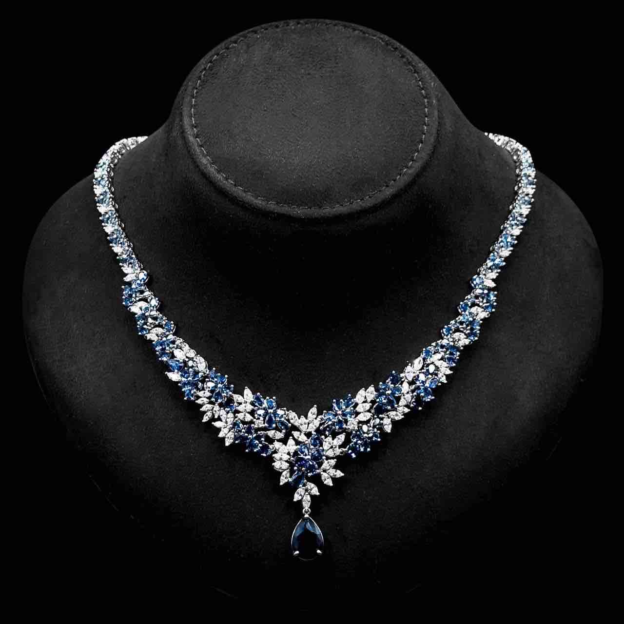 Omnia Nourah Blue Bridal Full Set in High Quality Zircon Stone in Rhodium Plated
