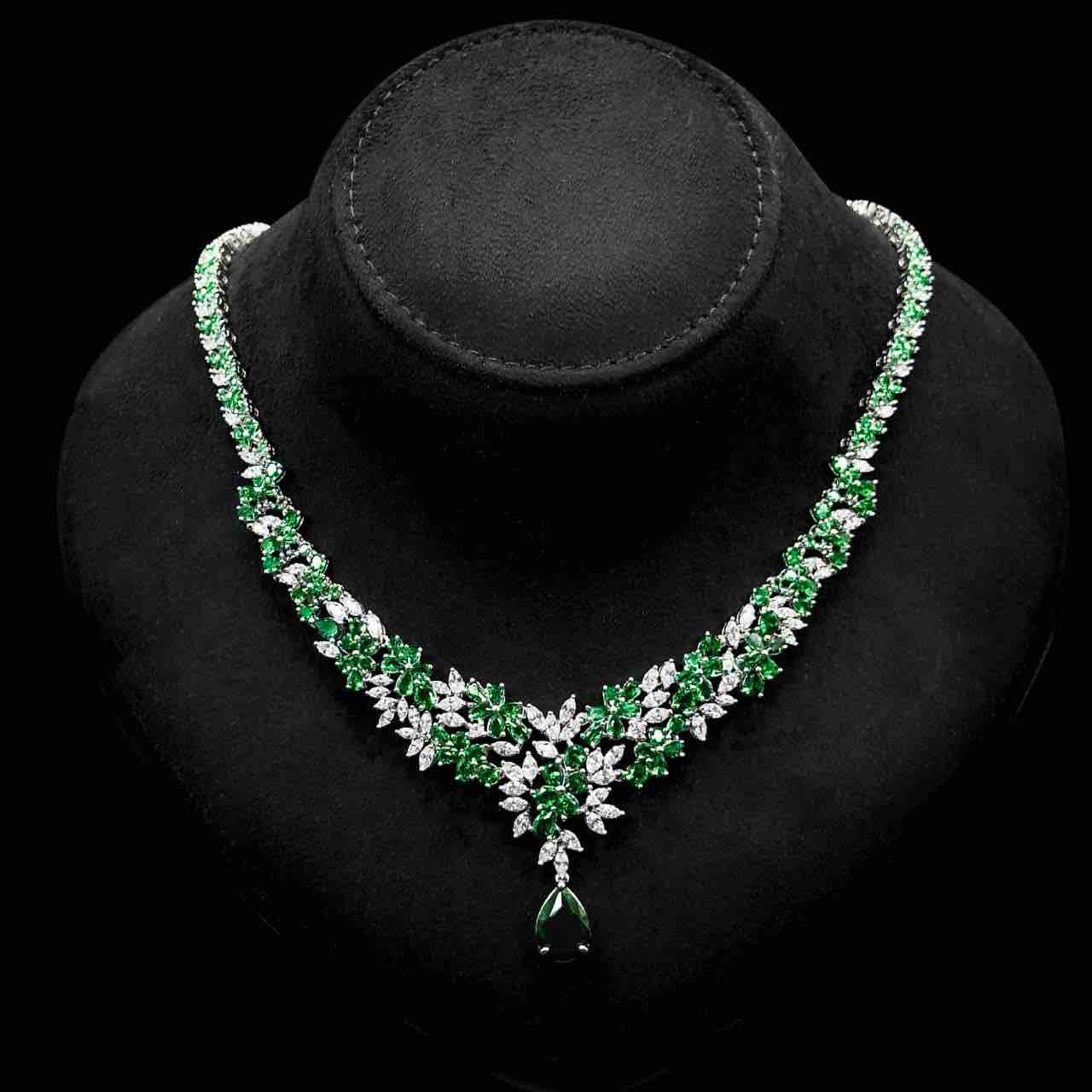 Omnia Nourah Green Bridal Full Set in High Quality Zircon Stone in Rhodium Plated