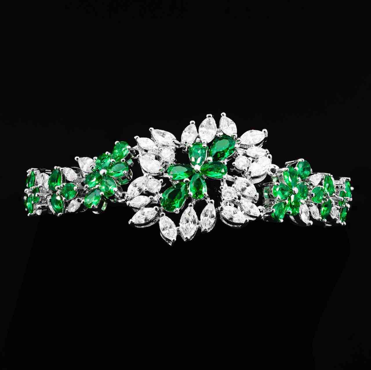 Omnia Nourah Green Bridal Full Set in High Quality Zircon Stone in Rhodium Plated